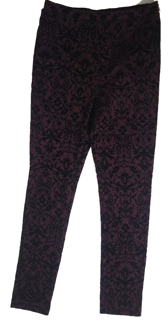 Forever 21 Women's M Burgundy Black Velvet Flocked Damask Skinny Pants Gothic